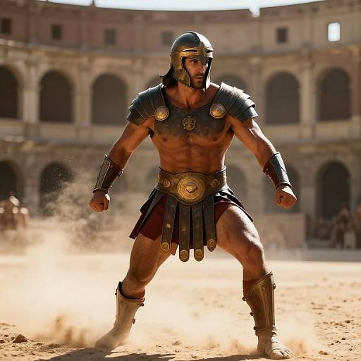 Photograph of a muscular man with tan skin, wearing a Roman gladiator helmet, armor, and skirt, standing powerfully in a dusty arena with