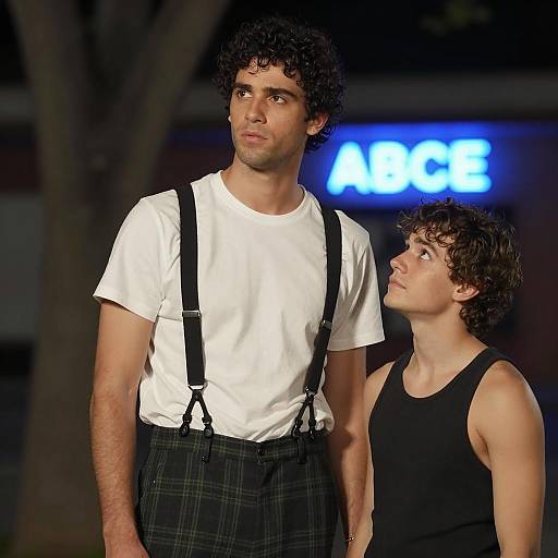 Two Men Standing Outdoors at Night