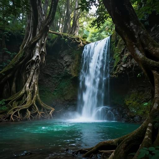 Photograph of a serene forest waterfall, with cascading white water into a turquoise pool, surrounded by large, twisted trees and lush greenery.