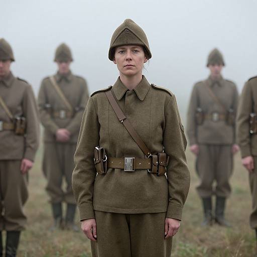 Photograph of a serious-looking young woman in World War I-era British military uniform, standing in front of four blurred soldiers.
