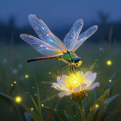 Photograph of a glowing dragonfly with iridescent wings, perched on a yellow-flowered daisy, surrounded by twinkling fireflies in