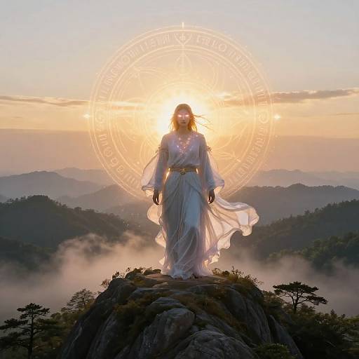 Photograph of a woman in a flowing white dress standing on a rocky mountain peak at sunrise, with a glowing circular emblem behind her, surrounded by mist