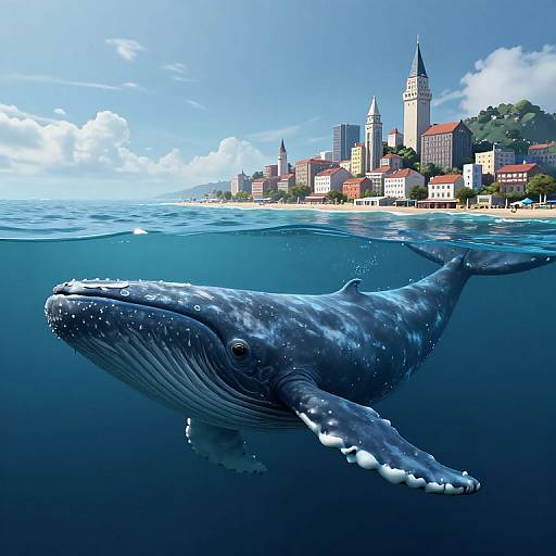 Photorealistic digital artwork of a massive blue whale swimming underwater in front of a coastal city with red-roofed buildings and tall spires under a