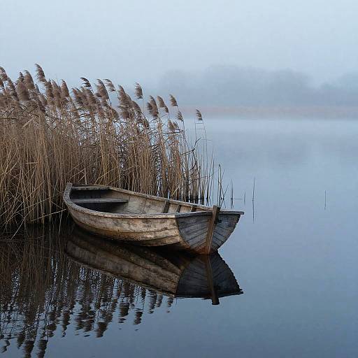 Misty Lake with Weathered Rowboat