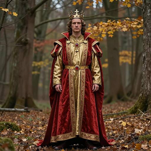 Man in Ornate Medieval King Costume in Forest