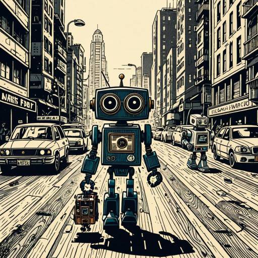 Wood Etching Style Robots in City Street