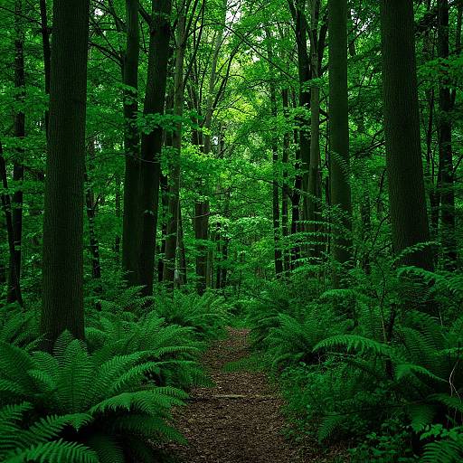 Photograph of a dense, vibrant green forest with tall trees, lush ferns, and a narrow, winding dirt path in the center.