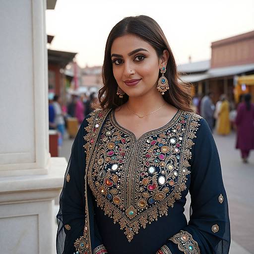 Photograph of a smiling South Asian woman with long dark hair, wearing an ornate black traditional kurti with gold embroidery and colorful sequins,