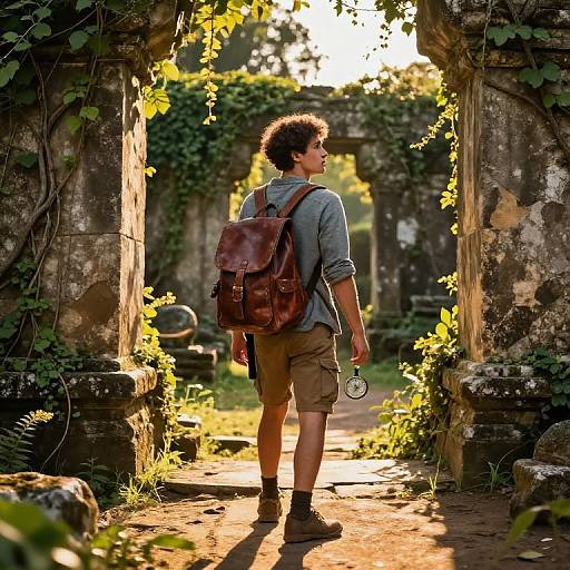 Photograph of a young man with curly hair, wearing a blue shirt, brown shorts, and a brown leather backpack, holding a camera, standing in