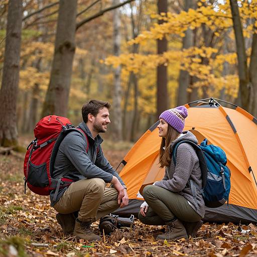 Happy Hikers in Autumn Forest