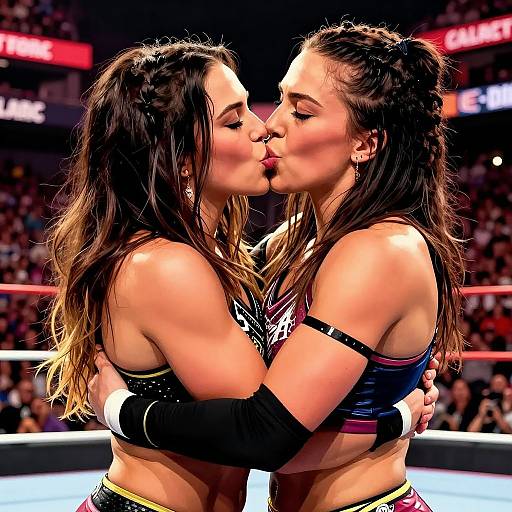 Photograph of two female wrestlers with long brown hair, kissing passionately in a brightly lit wrestling ring, wearing black and colorful sports bras, with a blurred