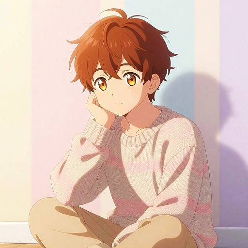 Anime Boy in Pastel Sweater Sitting Thoughtfully