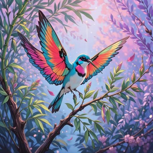 Vibrant Hummingbird Flying Among Blossoms Vibrant Hummingbird Flying Among Blossoms