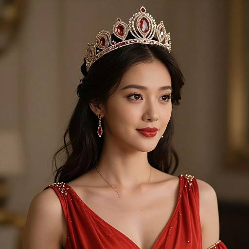 Photograph of an Asian woman with fair skin, wearing a red, sparkling dress, ornate gold tiara, and red earrings, smiling softly in