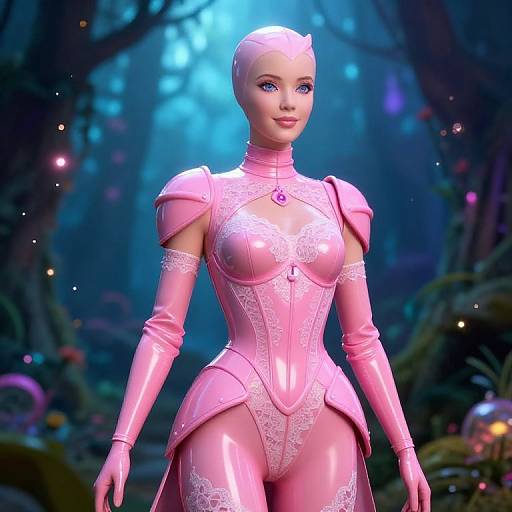 CGI image of a pink, armored, futuristic female robot with blue eyes, lace details, and a forest background with blue lighting.
