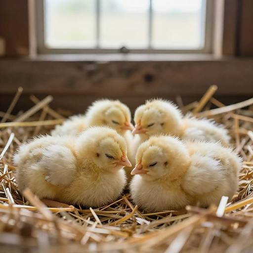 Photograph of five fluffy, yellow chicks huddled together in a nest of straw, with a blurred window in the background.