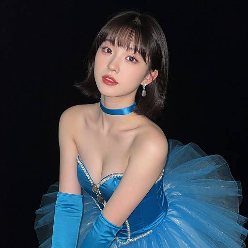 Photograph of an Asian woman with short black hair, wearing a blue strapless ball gown, matching choker, and gloves, against a black background