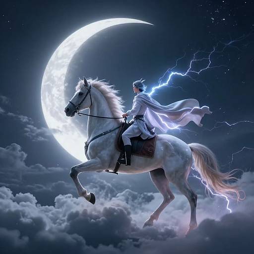 Digital art: A white-haired, blue-clad warrior rides a white horse amidst clouds, illuminated by a glowing crescent moon, with lightning crackling