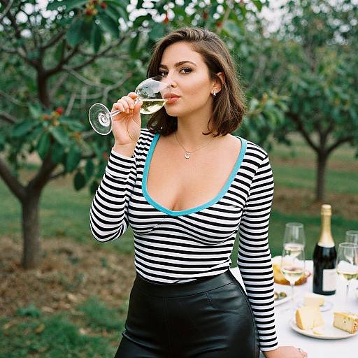 Photograph of a brunette woman with medium-length hair, wearing a black-and-white striped top with blue trim, black leather skirt, tasting wine outdoors near