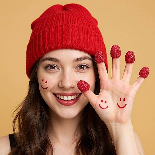 Photograph of a smiling young woman with fair skin, wearing a red knit beanie, black top, and red berry-painted nails and face,