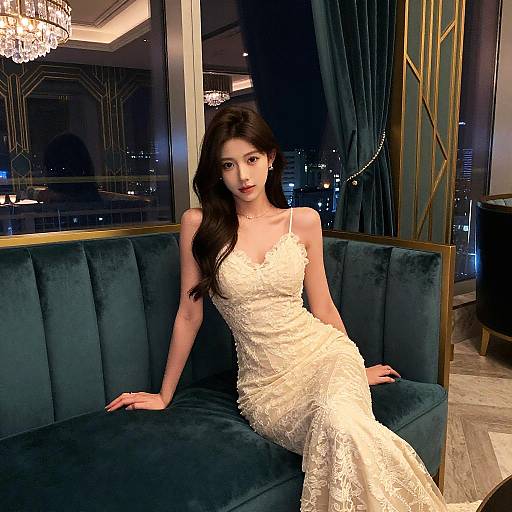 Glamorous Woman in Ivory Lace Gown on Velvet Settee