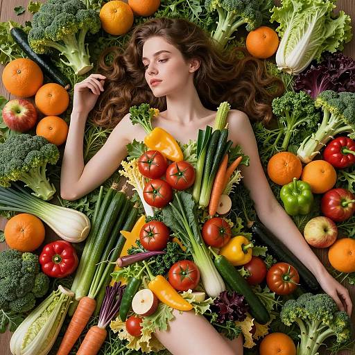 Vibrant Woman Surrounded by Fresh Produce
