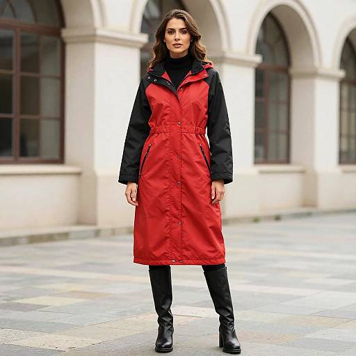 Woman in Red Black Waterproof Coat