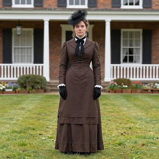Photograph of a woman in a Victorian-style brown dress with black gloves, hat, and lace trim, standing in front of a brick house with white