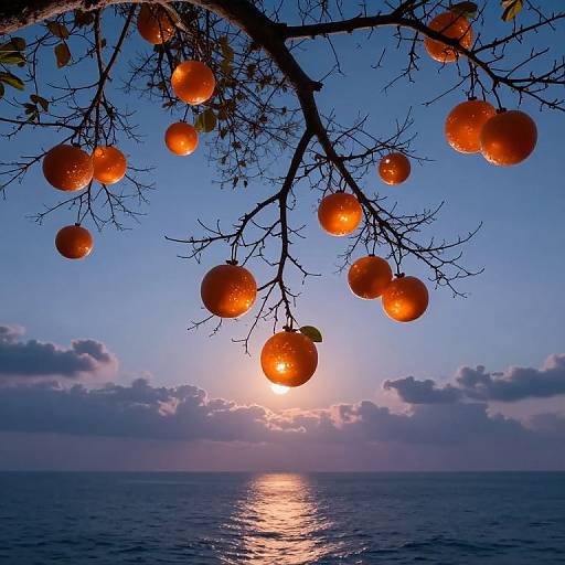 Photograph of glowing orange fruits hanging from a tree branch against a sunset over a calm ocean, with scattered clouds.