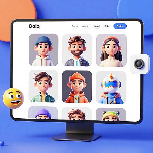 Photograph of a computer screen displaying six cartoon avatars with diverse hairstyles, clothing, and expressions, against a bright blue background with a smiling emoji sticker