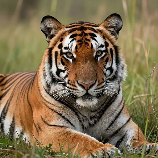 Photograph of a majestic Bengal tiger with striking orange and black stripes, lying on green grass, staring directly at the camera.
