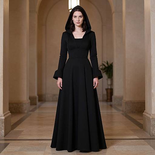 Photograph of a pale-skinned woman with dark, shoulder-length hair, wearing a long-sleeved, black, floor-length dress, standing in