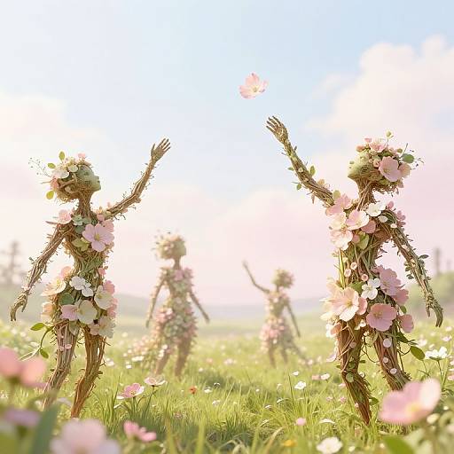 Photograph of three whimsical, flower-crowned, stick-like figures dancing in a sunlit meadow, arms raised, surrounded by blooming pink