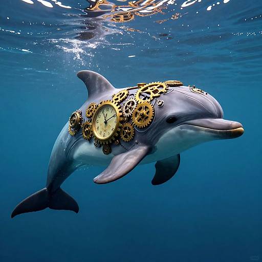 Photograph of a dolphin underwater with gold clock gears and cogs attached to its body, swimming in deep blue water.