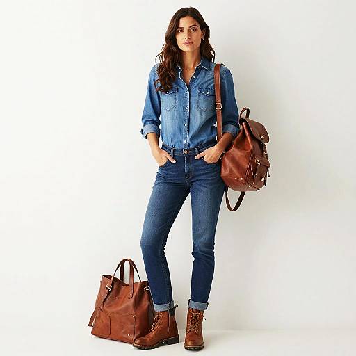 Photograph of a brunette woman in blue denim shirt and jeans, brown boots, brown leather bags, standing against white background.