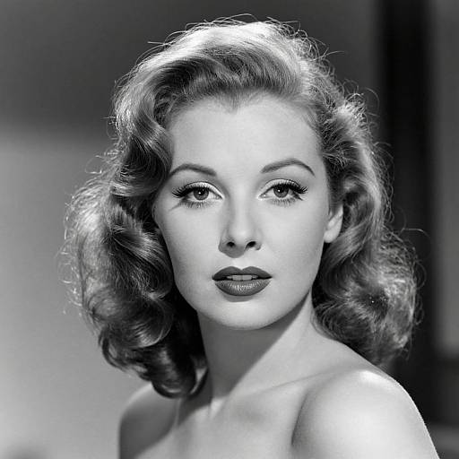 Black-and-white photograph of a glamorous 1940s-style woman with wavy, shoulder-length hair, full lips, and expressive eyes, gazing