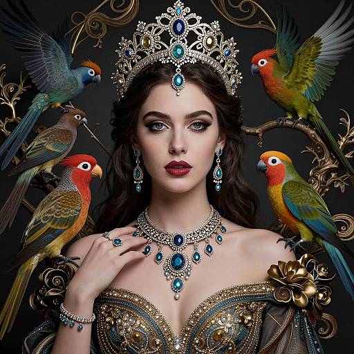 Digital artwork of a pale-skinned, dark-haired woman in an ornate, jewel-encrusted gown, wearing a crown, surrounded by colorful