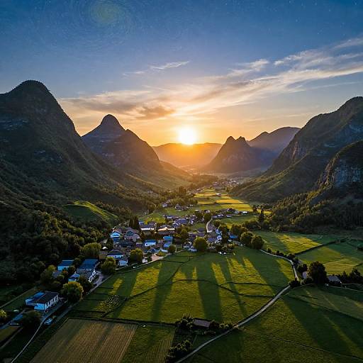 Photograph of a picturesque valley at sunset, with a small village nestled among green fields, surrounded by rugged mountains, and a bright orange sun casting long