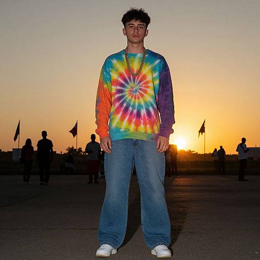 Photograph of a young man with curly hair, wearing a colorful tie-dye sweatshirt, blue jeans, and white sneakers, standing in front of