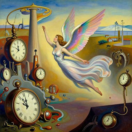 Digital painting of a winged, ethereal woman in a flowing white dress, floating among floating clocks, near a glowing haloed pillar. Vibrant