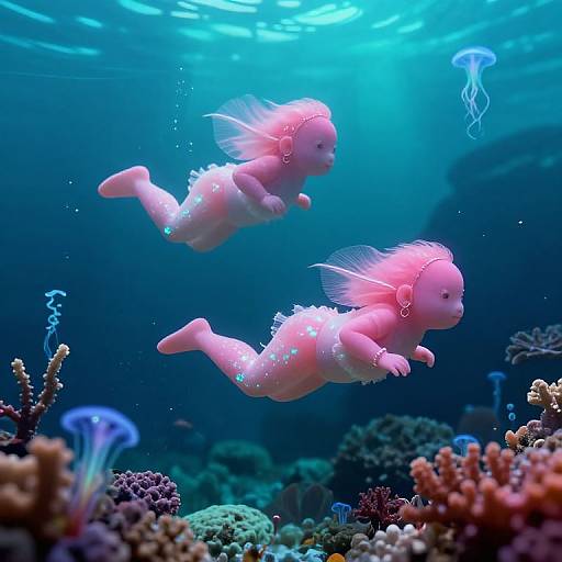 Photograph of two glowing, pink, fairy-like babies with translucent wings and jeweled headbands, swimming in a vibrant, underwater coral reef with a