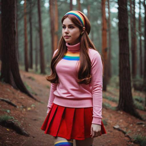 Young Woman in Colorful Casual Outfit in Forest