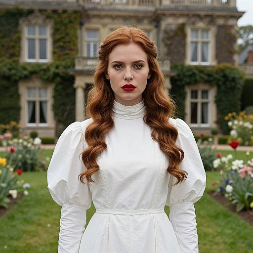 Photograph of a fair-skinned, red-haired woman with long curls, wearing a white, Victorian-style dress, standing in front of a lush,