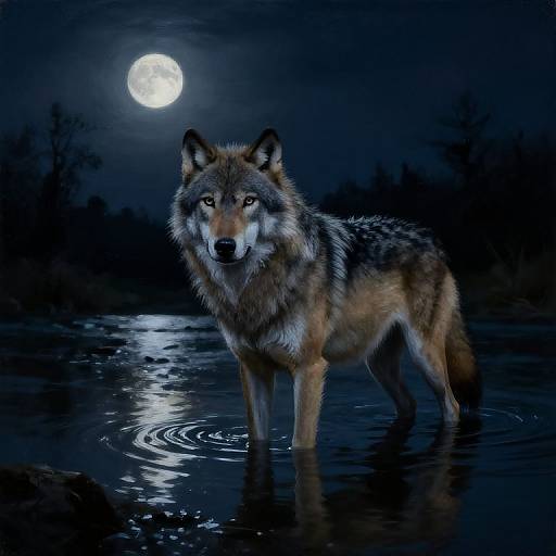 Photorealistic digital artwork of a wolf standing in a moonlit, reflective water pool under a full moon, with dark, silhouetted trees