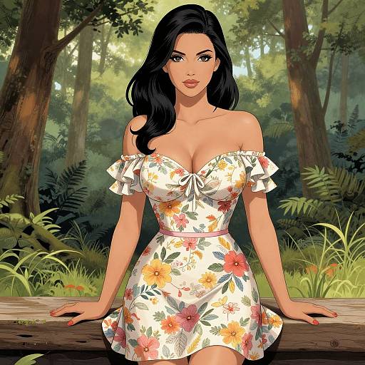 Digital illustration of a beautiful, dark-haired woman with large breasts, wearing an off-shoulder, floral dress, sitting on a log in a lush