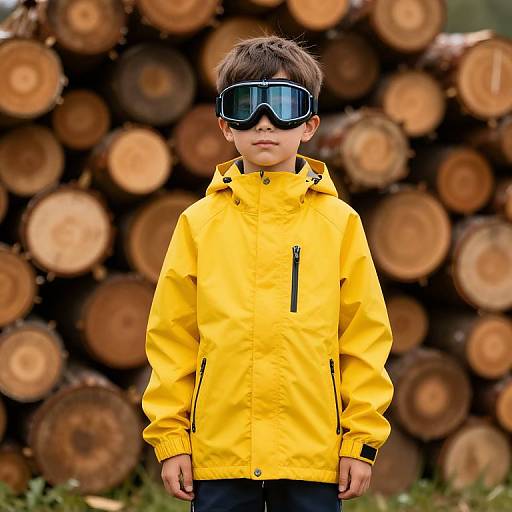 Photograph of a young boy with brown hair, wearing a bright yellow jacket and black goggles, standing in front of a stacked log pile.