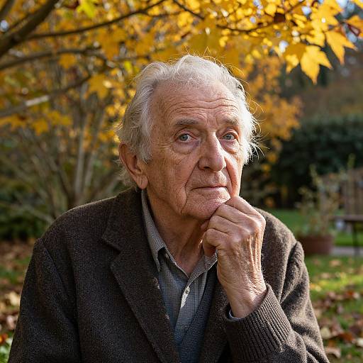 Photograph of an elderly man with white hair, deep wrinkles, and thoughtful expression, wearing a brown cardigan and gray shirt, set against a backdrop