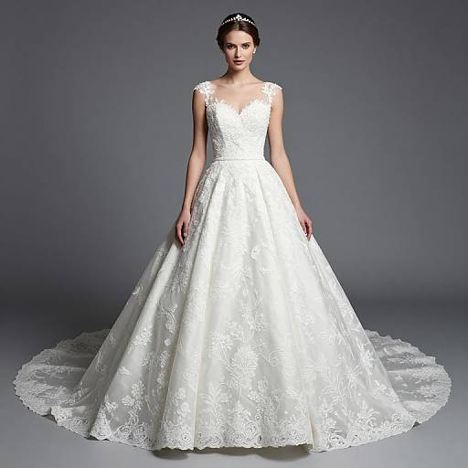 Photograph of a slender woman in a white lace wedding dress with a full skirt and lace-trimmed train, wearing a silver tiara, standing