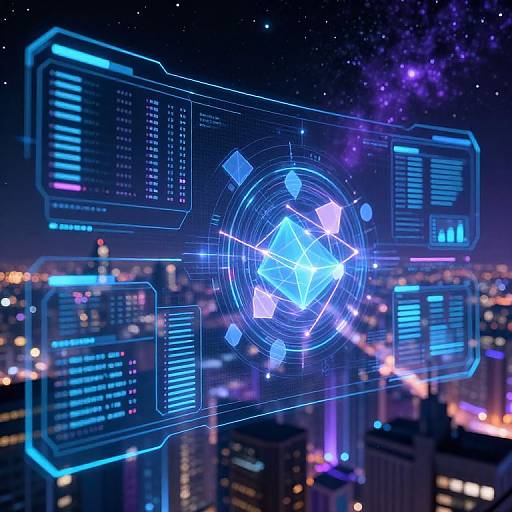 Digital CGI of futuristic cityscape at night with glowing blue holographic interface floating above skyscrapers, displaying data and interconnected nodes against a starry sky