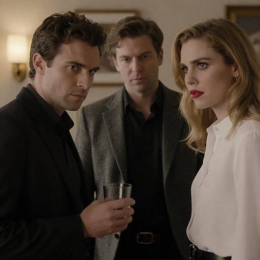 Intense Trio in Dimly Lit Room